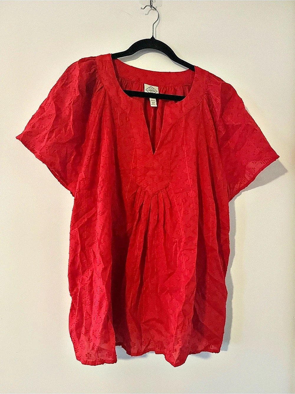 St John's Bay Red Cotton Eyelet Peasant Top 2X Cottagecore Prairie Modest